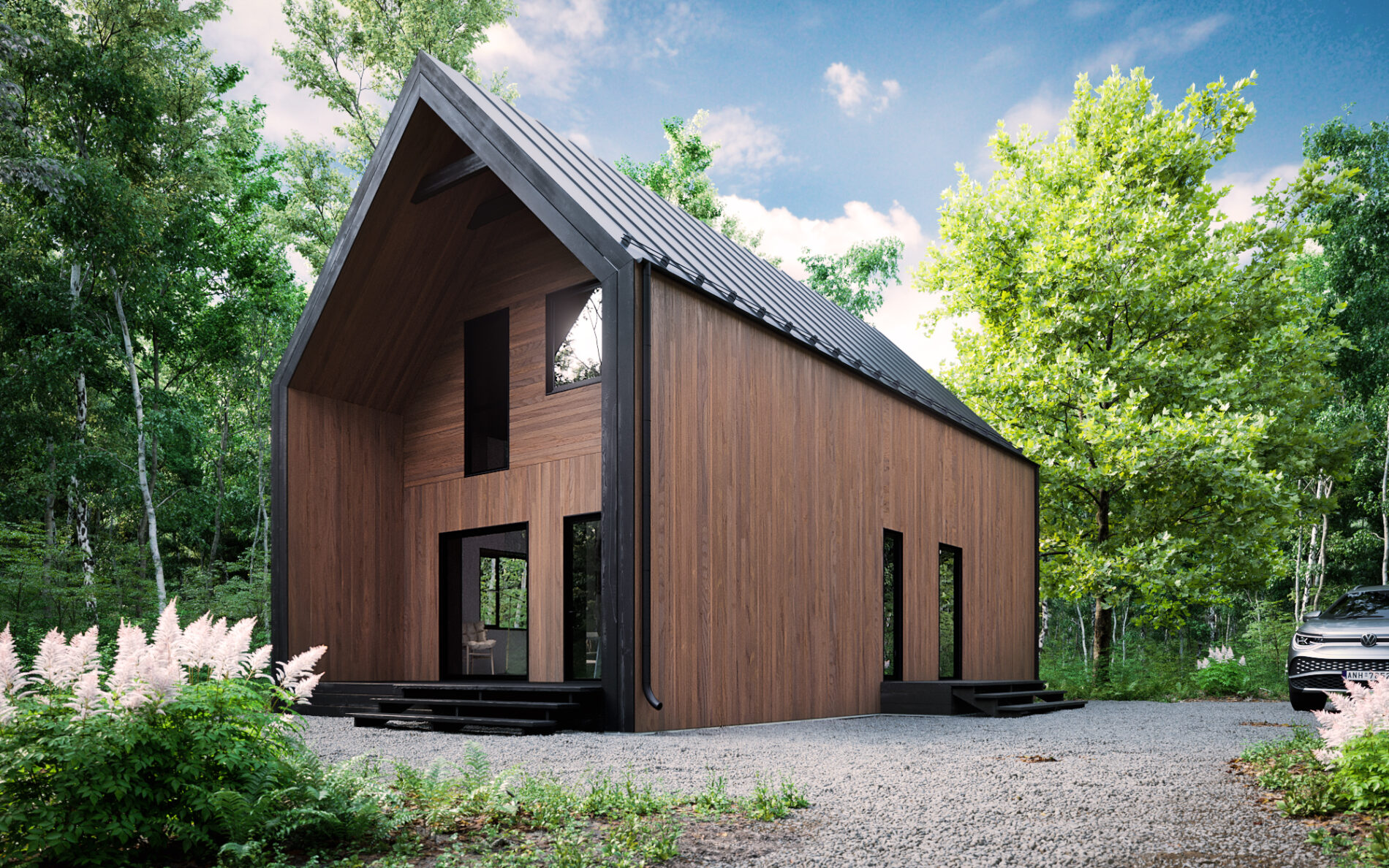 This picture depicts a two-story wooden house with black trim and a black roof. The house is located in a woodsy area with green trees and plants surrounding the home.